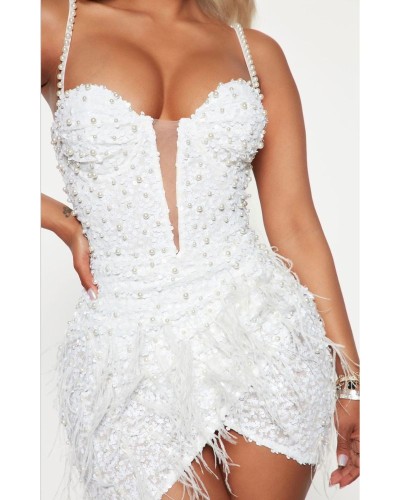 Venezia – Robe blanche perles et plumes | Keyleen’s Kloset