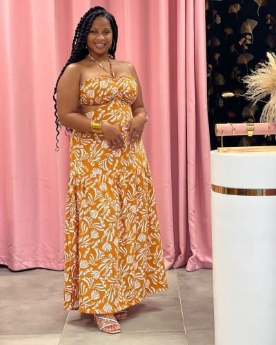 Robe longue bustier orange imprimée tropicale - Keyleen's Kloset Guadeloupe