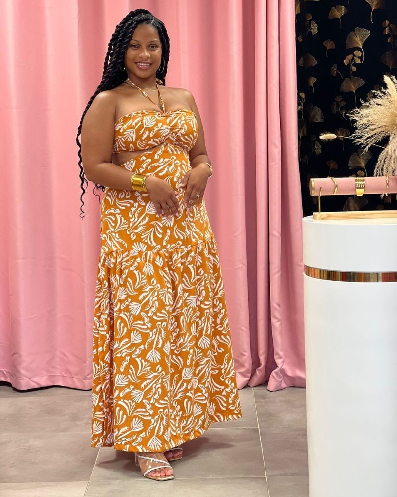Robe longue bustier orange imprimée tropicale - Keyleen's Kloset Guadeloupe