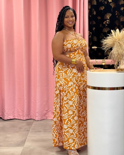 Robe longue bustier orange imprimée tropicale - Keyleen's Kloset Guadeloupe