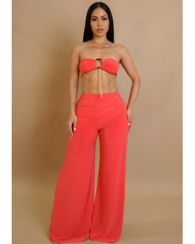 Ensemble corail 2 pièces femme – Pantalon fluide & top modulable bijou