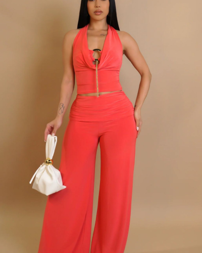 Ensemble corail 2 pièces femme – Pantalon fluide & top modulable bijou