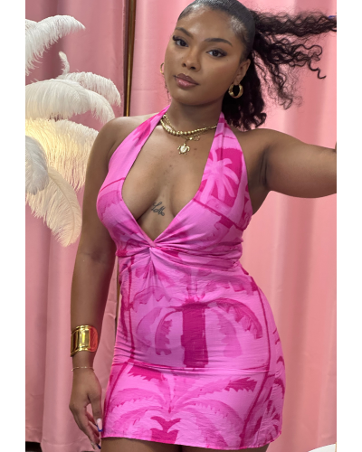 Robe courte dos nu imprimée rose palmiers – Amaya | Keyleen’s Kloset
