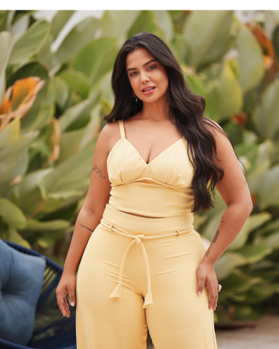 Ensemble crop top + pantalon fluide jaune pastel – Solange | Keyleen’s