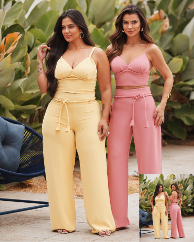 Ensemble crop top + pantalon fluide jaune pastel – Solange | Keyleen’s