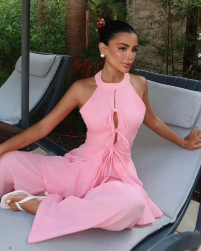 Ensemble pantalon rose fluide dos nu avec liens – Lunara | Keyleen’s