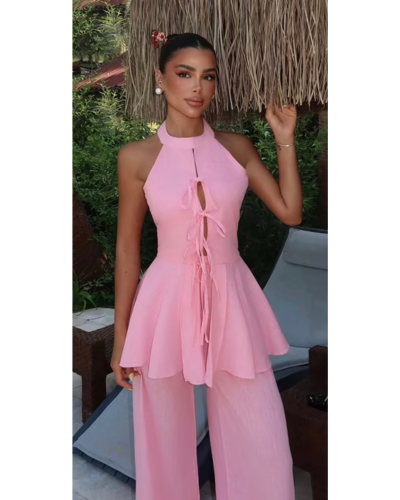 Ensemble pantalon rose fluide dos nu avec liens – Lunara | Keyleen’s