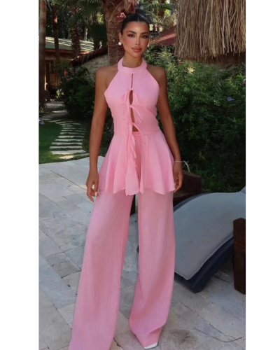 Ensemble pantalon rose fluide dos nu avec liens – Lunara | Keyleen’s