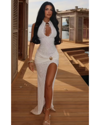 Robe longue blanche dentelle fendue – Taille petit | Keyleen’s Kloset