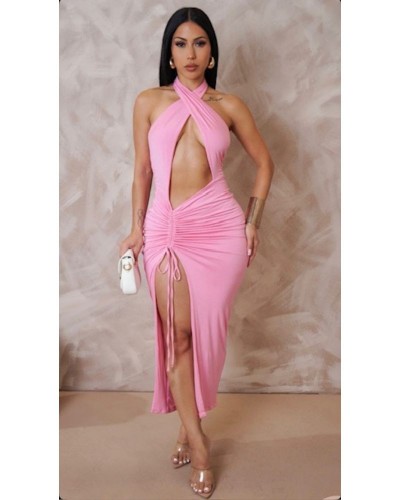Robe longue rose croisée avec fronces & fente