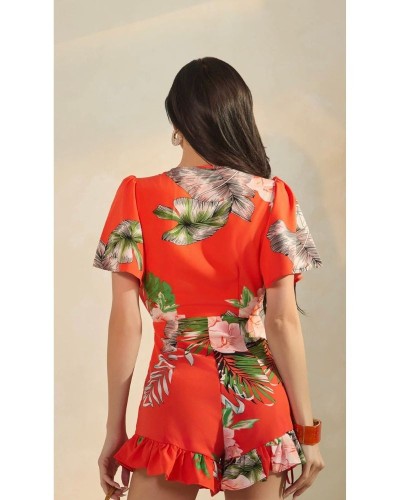 Combishort rouge tropical fleuri – Noué devant et volanté | Keyleen’s